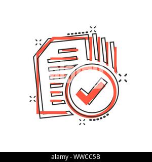Icône de document de conformité dans le style comique. Cartoon vector illustration processus approuvé sur blanc fond isolé. Business case splash concept Illustration de Vecteur