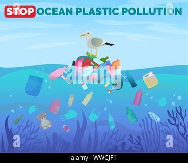 Arrêter la pollution plastique océan poster avec pile de déchets dans l'eau Illustration de Vecteur