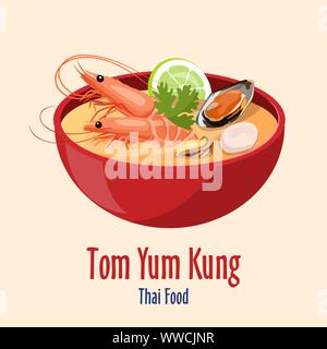 Tom Yum Kung - bol rouge avec de savoureux fruits de mer crevettes soupe aux huîtres et citron vert, cuisine Thaï Illustration de Vecteur