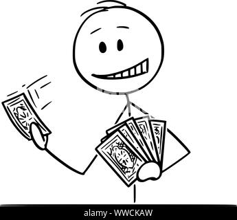 Vector cartoon stick figure dessin illustration conceptuelle de l'homme ou businessman holding cartes à jouer dans la main. Illustration de Vecteur