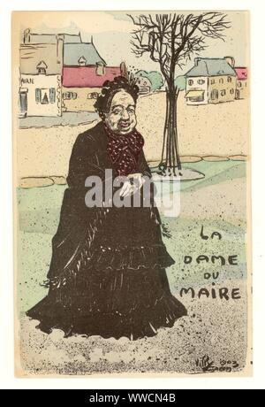 Au début des années 1900 carte postale satirique français, de vieille femme taciturne sans attrait épouse du maire a appelé la Dame du maire, de l'artiste signé et daté 1903, France Banque D'Images