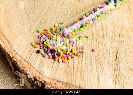 Granulés plastiques polymères .dye dans des tubes à essai sur fond gris. Les granulés plastiques après traitement des déchets en polyéthylène et polypropylène. Banque D'Images