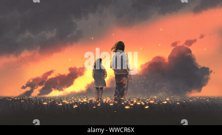 Beau paysage du jeune couple standing in a déposé des fleurs brillantes et à la recherche, de ciel coucher de style art numérique, illustration peinture Banque D'Images