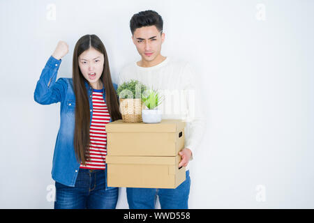 Beautiful young asian woman holding sur fond blanc des boîtes de carton contrarié et frustré de crier avec colère, fou et hurler avec h Banque D'Images