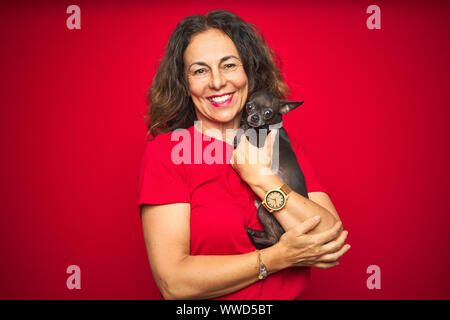 L'âge moyen senior woman holding cute chihuahua chien rouge sur fond isolé avec un visage heureux et souriant debout avec un sourire confiant montrant Banque D'Images