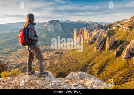 Mallos de Riglos au coucher du soleil, Riglos, de la Hoya, Huesca, Espagne Banque D'Images