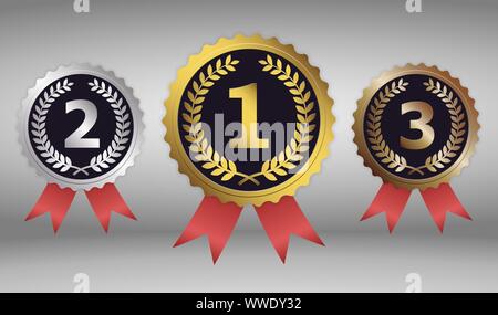 Champion gold, silver et bronze médailles avec rubans rouges Illustration de Vecteur