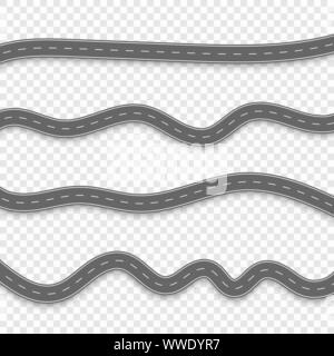 Routes avec des rayures blanches sur un fond transparent. Définir les routes courbes Illustration de Vecteur