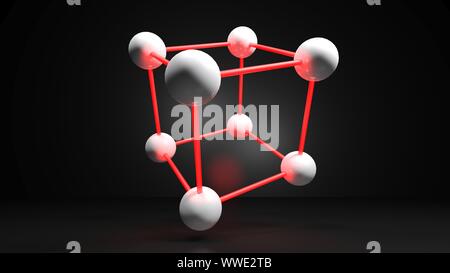 La structure cubique avec des sphères blanches reliées par des liaisons des feux rouges - le rendu 3D illustration Banque D'Images