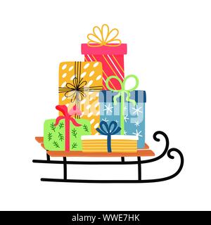 Traîneau de Noël avec les boîtes actuelles. Noël et Nouvel An fête des symboles. Pour les cartes de vœux, invitations design. Illustration de Vecteur