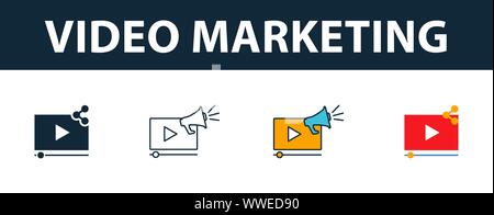Le Marketing vidéo icon set. Quatre symboles simples dans diférents styles du smm collection d'icônes. Creative marketing vidéo rempli d'icônes de couleur, Contours, Illustration de Vecteur