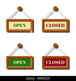 Ensemble de divers signes d'affaires ouvertes et fermées pour porte ou fenêtre de magasin. Illustration de Vecteur