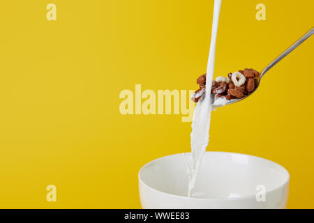 Cuillère avec un assortiment de céréales et lait au-dessus du bol d'eau blanc isolé sur fond jaune Banque D'Images