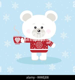 Un mignon petit ours polaire de Noël en rouge rouge pullover avec une tasse de thé ou café dans la neige en fond style dessin animé télévision. Illustration de Vecteur