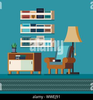 Accueil chaleureux de l'intérieur chambre bibliothèque avec des étagères de livres de fond, bordures, lampe, usine, books, fauteuil, tapis Illustration de Vecteur