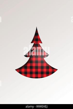 Modèle de coupe de papier carte de souhaits hiver vacances saisonnières - arbre de Noël sur plaid à carreaux tartan - vector illustration Illustration de Vecteur