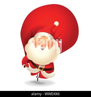 Père Noël avec sac jumping - heureuse expression pointer du doigt jusqu'- vector illustration isolé sur fond transparent Illustration de Vecteur
