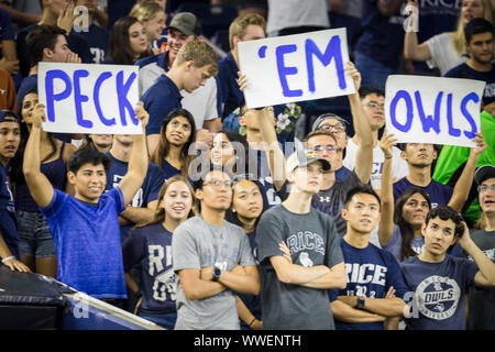 Houston, Texas, USA. 14Th Sep 2019. Les hiboux de riz fans cheer au cours de la NCAA football match entre le Texas Longhorns et le riz Les hiboux à NRG Stadium à Houston, Texas. Riz battu Texas 48-13. Prentice C. James/CSM/Alamy Live News Banque D'Images