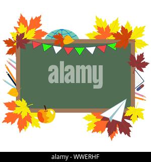 Tableau vert, les fournitures scolaires et les feuilles d'automne. Concept de l'éducation, à l'école, de retourner à l'école. 1 septembre. début de l'année scolaire. Illustration de Vecteur