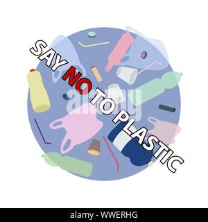 Dire non au slogan en plastique sur le plastique des ordures. Protestation contre la pollution plastique. Problème de l'environnement concept. Vector illustration Illustration de Vecteur