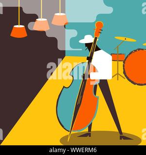 Musicien contrebasse. Performance la musique jazz modèle d'affiche. Vector illustration dans télévision style. Illustration de Vecteur