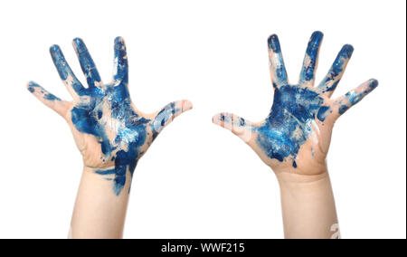 Les mains de l'enfant dans la peinture sur fond blanc Banque D'Images