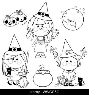 Les filles habillés en costumes de sorcière, friandises, bonbons et autres objets d'Halloween. Illustration noir et blanc. Banque D'Images