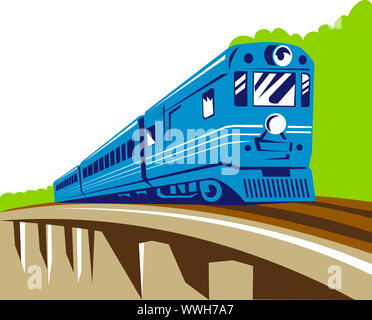 Illustration d'une locomotive diesel à venir sur viaduc ferroviaire fait en rétro style gravure sur bois Banque D'Images