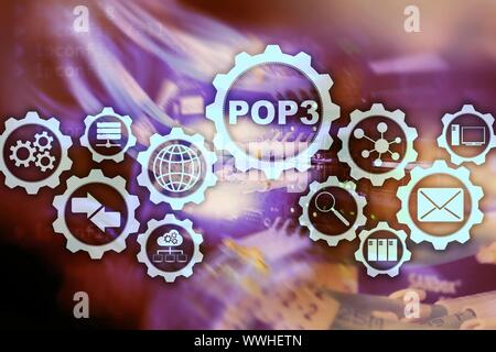 POP3. Post Office Protocol Version 3. Le protocole Internet standard sur fond de datacenter Banque D'Images