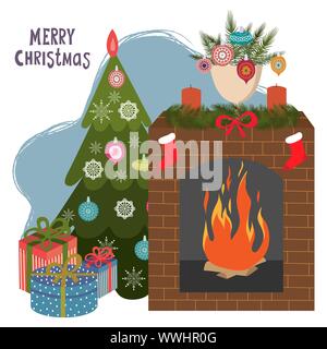 Arbre de Noël, une cheminée et des cadeaux. Télévision Cartoon vector illustration isolé sur un fond blanc. Bonne Année, Joyeux Noël Illustration de Vecteur