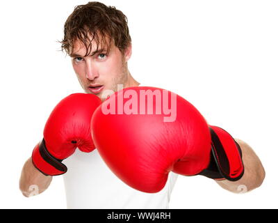 Boxe boxeur de remise en forme. L'homme avec la perforation des gants de boxe rouge isolé sur fond blanc. Adapter la forme physique de boxeur de la transpiration. Homme de race blanche f Banque D'Images