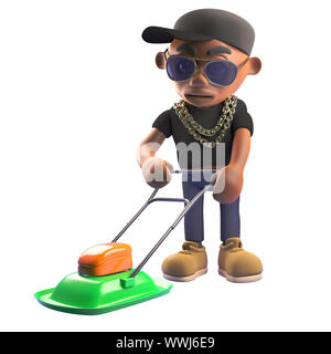 3d Cartoon rapper hiphop noir caractère dans baseball cap tondre la pelouse avec une tondeuse, illustration 3D render Banque D'Images