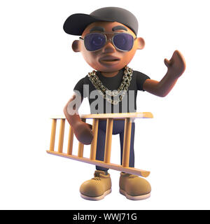 3d Cartoon rapper hiphop noir caractère dans baseball cap transportant une échelle sous le bras, illustration 3D render Banque D'Images