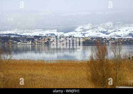 Vue sur le lac de Neuchâtel winterly à la municipalité de Grandson Banque D'Images
