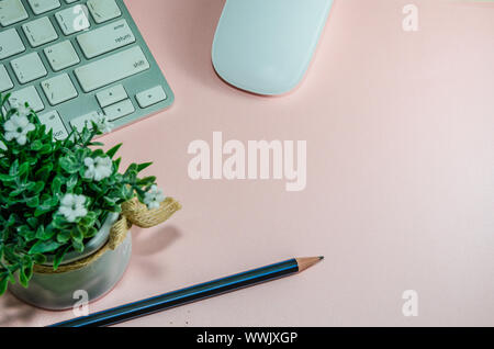 Clavier de l'ordinateur, un crayon, une souris ordinateur et fleurs vertes sur fond rose. Copy space Banque D'Images