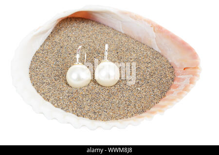 Deux Pearl Earrings et coquillages on white Banque D'Images