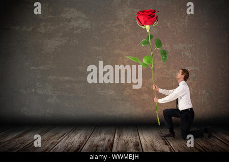 Un homme agenouillé tenant un big red rose Banque D'Images