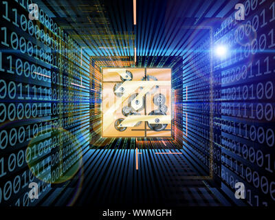 Interaction des engrenages, des lumières et des éléments de conception technologique sur le sujet de l'information et processus numériques et les technologies modernes Banque D'Images