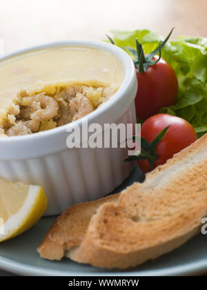 La crevette brune en pot avec du pain grillé et salade Banque D'Images