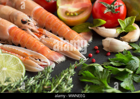 Langoustines crues avec légumes et fines herbes sur le fond sombre Banque D'Images