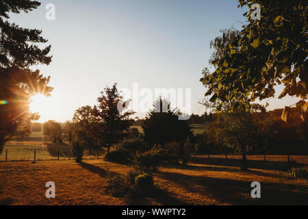 Vue sur jardin et les champs de campagne au lever du soleil Banque D'Images