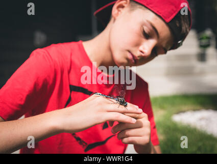 Close up of boy examinant une libellule qu'il tient dans sa main. Banque D'Images