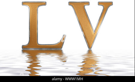 Le chiffre romain et quinquaginta quinque, LV, 55, cinquante-cinq, qui se reflète sur la surface de l'eau, isolé sur blanc, 3D render Banque D'Images