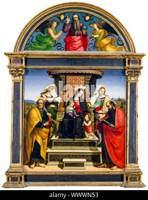 Raphaël, la Vierge et l'enfant, ont intronisé avec les Saints, peinture, vers 1504 Banque D'Images