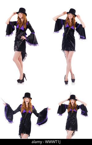 Jolie fille en violet et vêtements carnival hat isolated on whit Banque D'Images