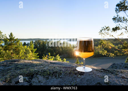 Un verre de bière blonde sur le beau paysage de fond. Banque D'Images