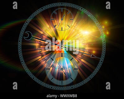 Interaction de chronomètre cadran et résumé des éléments de conception sur la question de la technologie, de la science, de passage du temps, passé, présent et avenir Banque D'Images