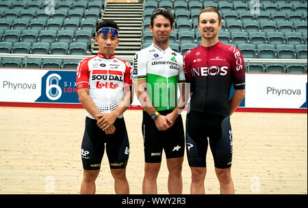 Caleb Evans, Mark Cavendish et Owain Doull lors d'un photocall au Lee Valley VeloPark, Queen Elizabeth Olympic Park, Londres. Banque D'Images