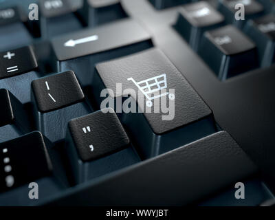 Close-up d'un clavier avec la touche entrée remplacée par une icône du panier. E-commerce concept Banque D'Images