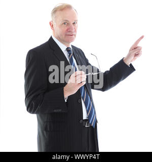 Middle-aged man off châssis avec son index isolated on white Banque D'Images